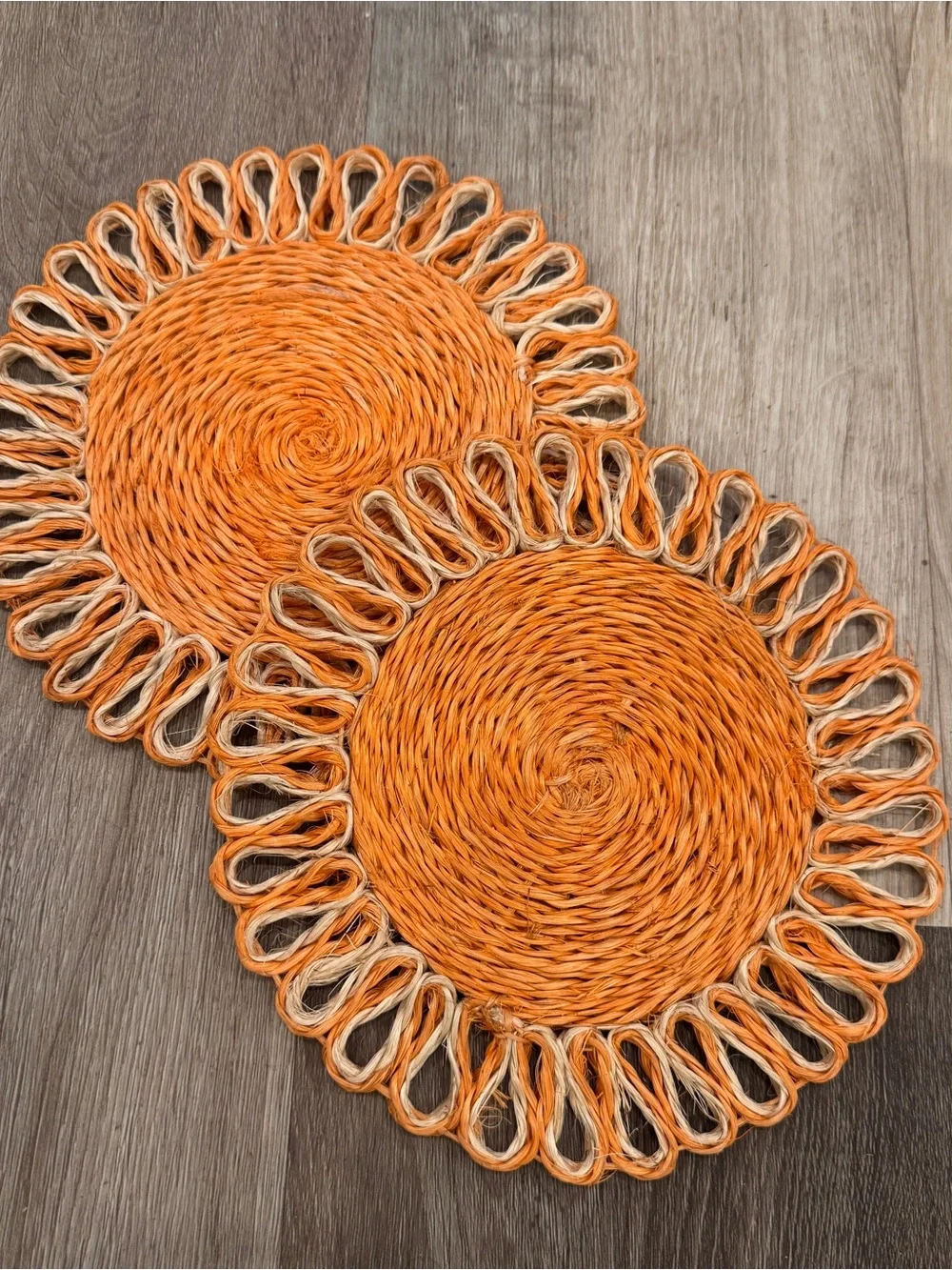 Vintage Woven Trivets Raffia Orange Set of 2 8” Bohemian 70s Retro Kitchen